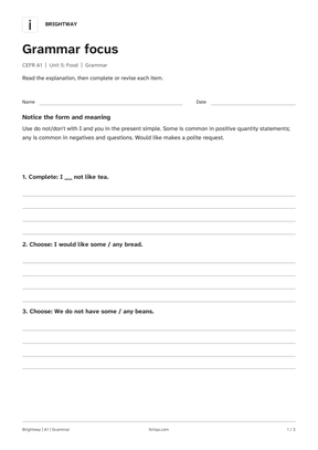 First page of the a1 food: grammar printable pack