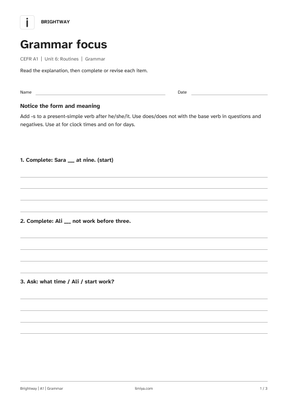 First page of the a1 routines: grammar printable pack