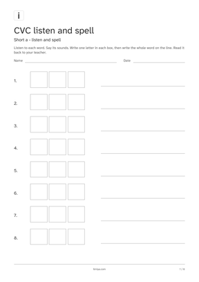 First page of the cvc listen and spell printable pack