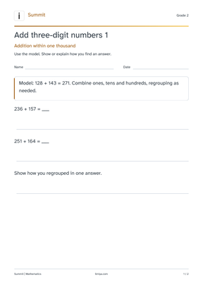 First page of the add three-digit numbers 1 printable pack
