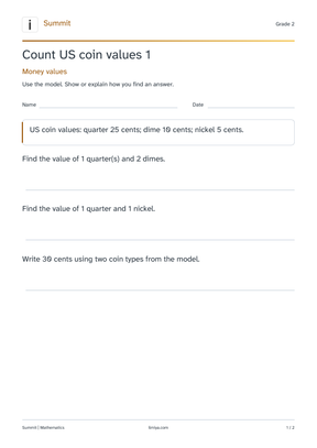 First page of the count us coin values 1 printable pack