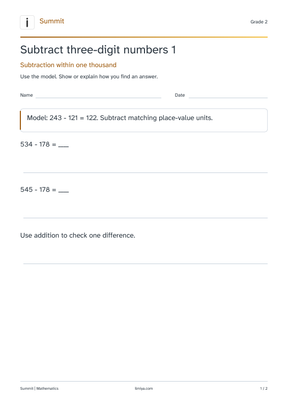 First page of the subtract three-digit numbers 1 printable pack