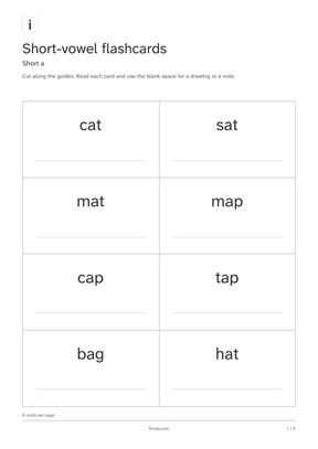 First page of the short-vowel flashcards printable pack