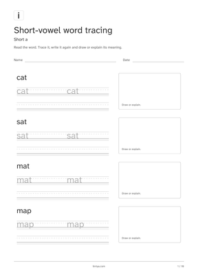 First page of the short-vowel word tracing printable pack
