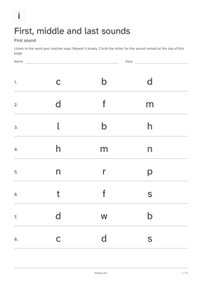 First page of the first, middle and last sounds printable pack