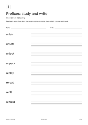 First page of the grade 3: prefixes printable pack