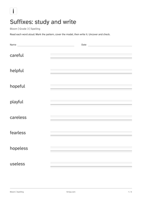 First page of the grade 3: suffixes printable pack