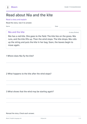 Bloom Grade 1 reading worksheet: Nia and the kite