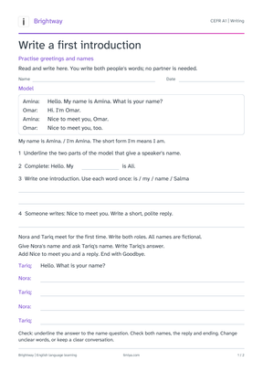 Brightway A1 worksheet: Write a first introduction