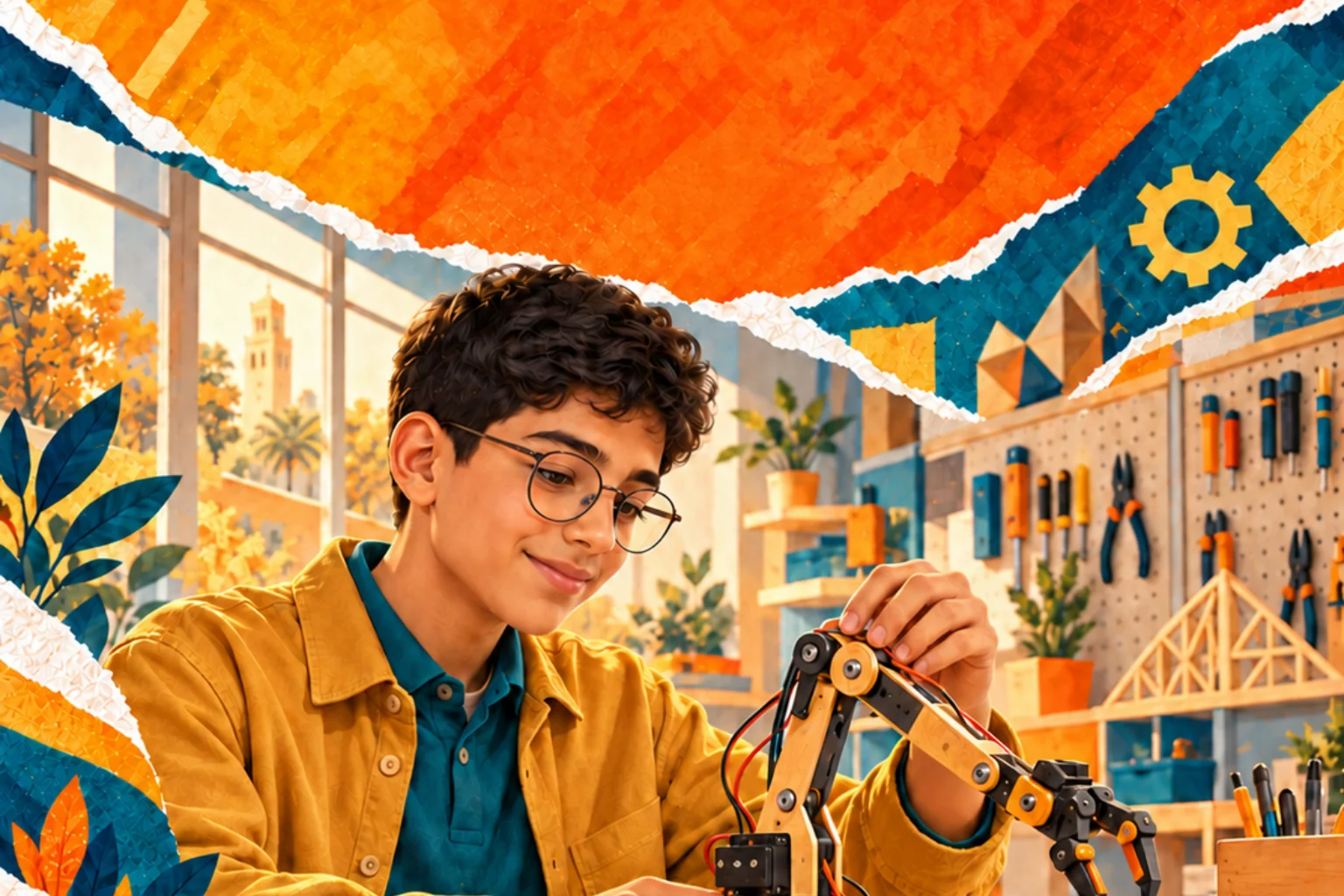 A school student explores computing in an orange and gold learning scene.