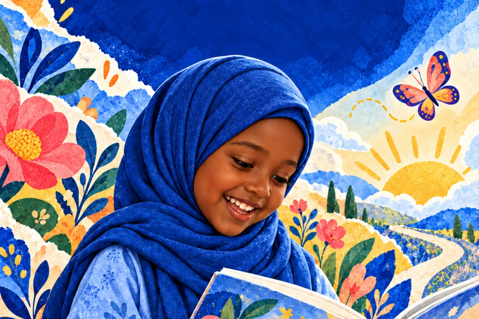 A young reader discovers a story among blue flowers and books.
