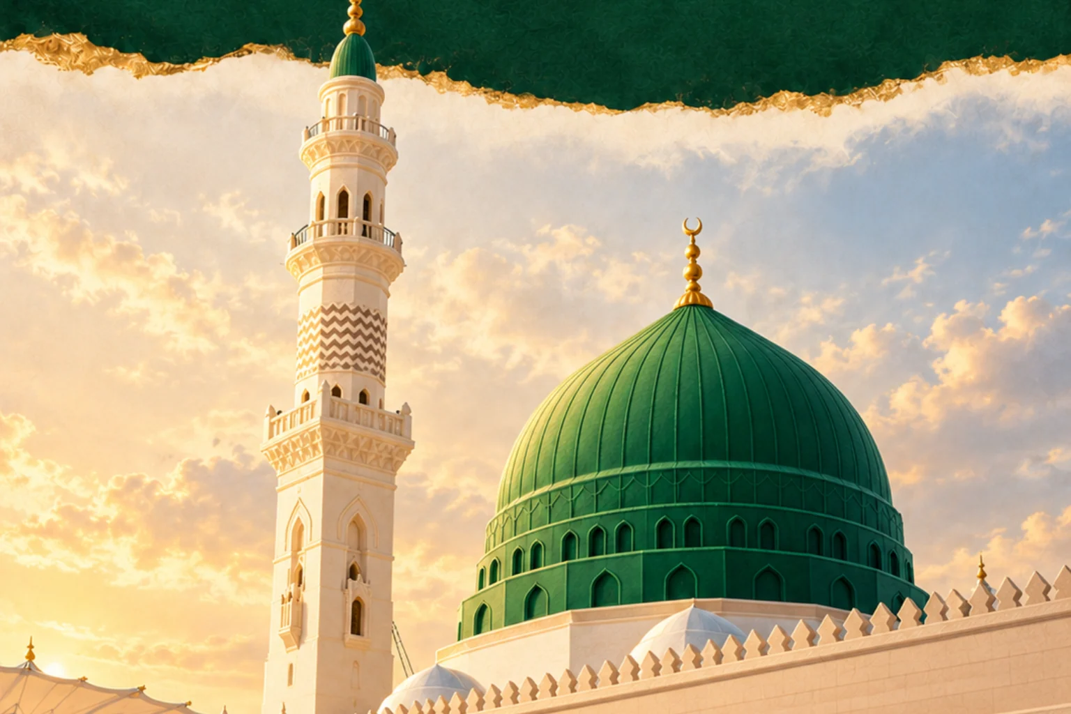 A view of the Prophet’s Mosque grounded in photographs of its dome, courtyard and architecture.