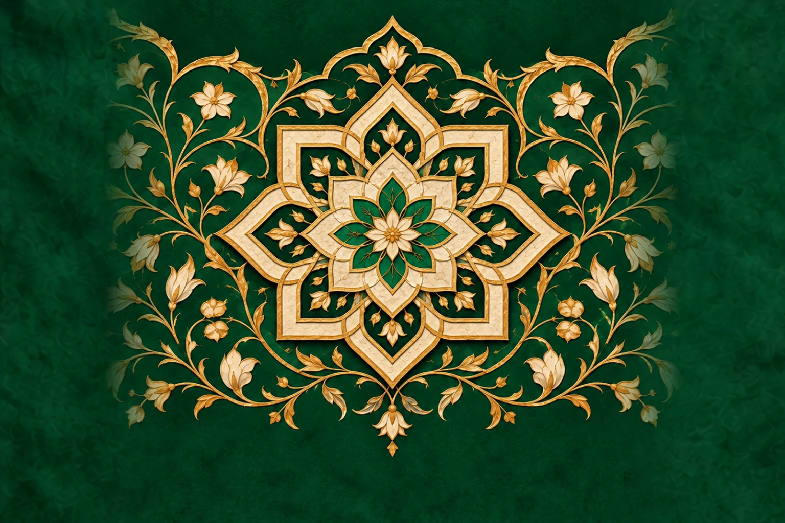 Emerald and gold illuminated geometry with fine foliate ornament inspired by classical book design.