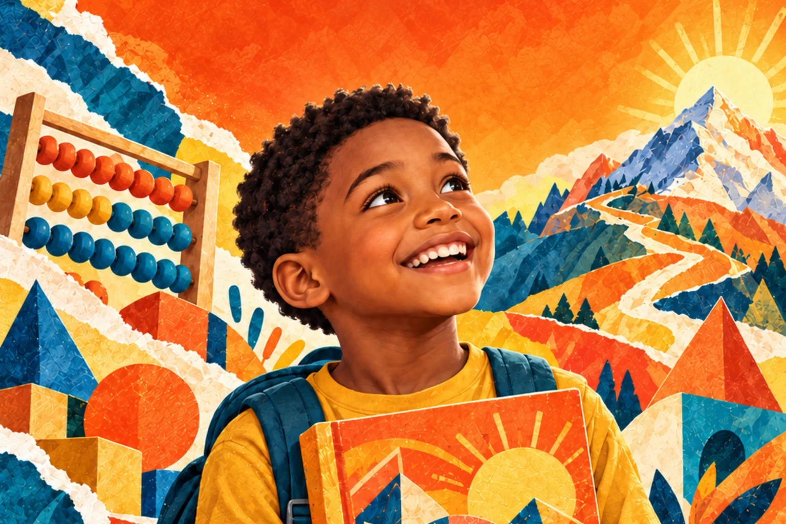 A learner explores mathematics in an orange and gold learning scene.