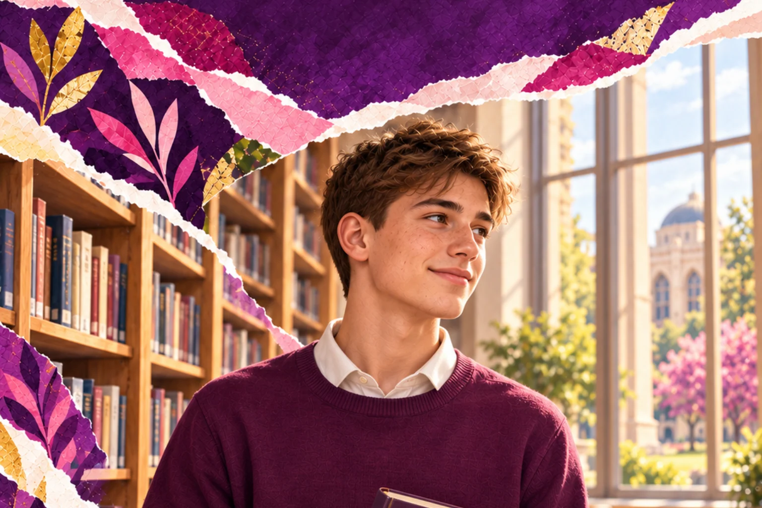 A high school learner prepares for the SAT in a purple and pink study scene.
