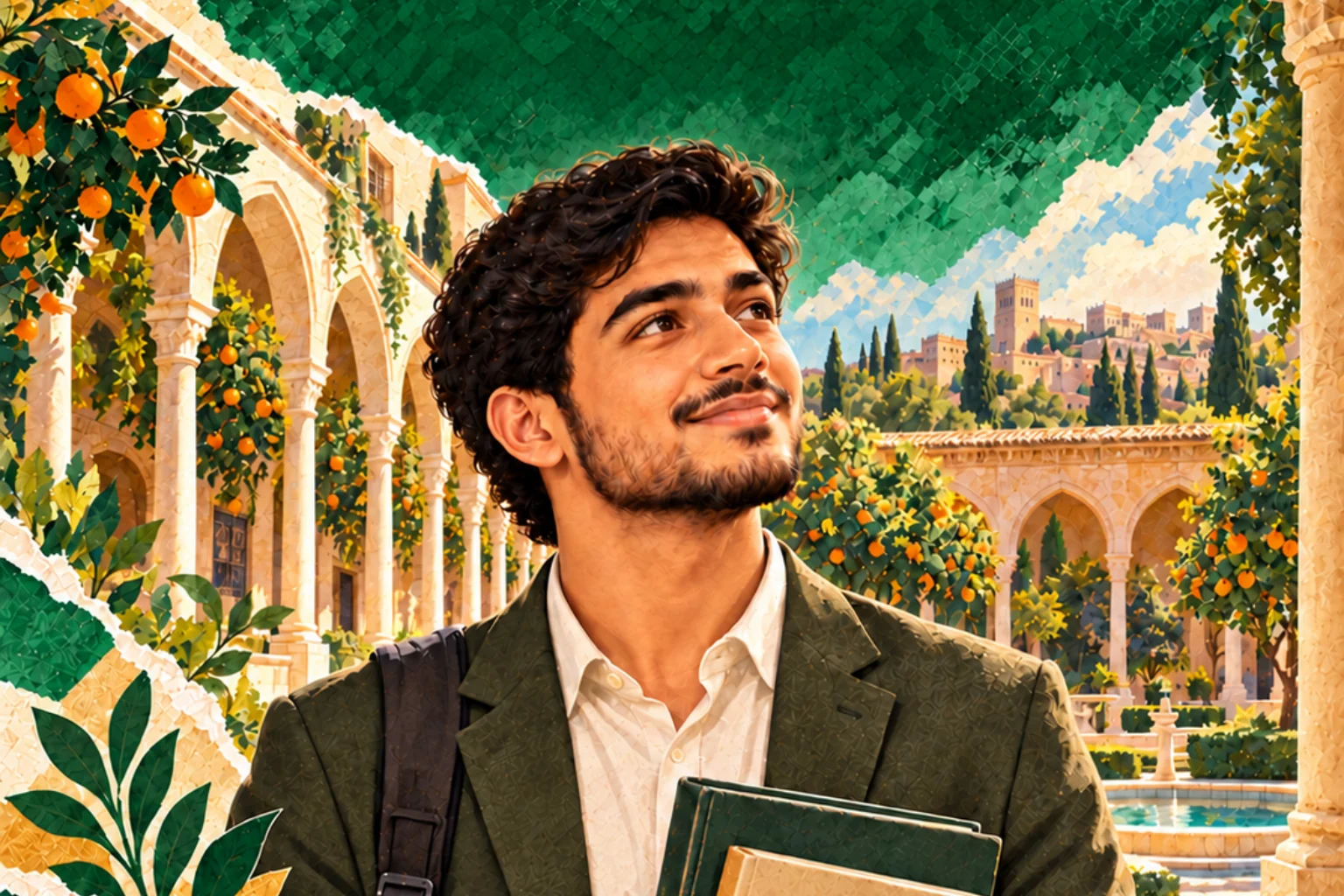 An adult learner carries books through an ornate sunlit courtyard in emerald and gold.